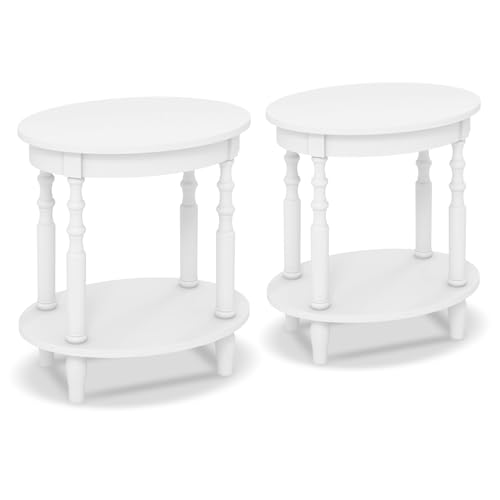 Giantex Oval End Tables Set of 2, 2-Tier Side Tables with Storage Shelf & Solid Wood Legs, Modern Living Room Accent Table, Wood Nightstand for Bedroom, Small Space, 20.5"L x 15.5"D x 24.5"H, White - color: White