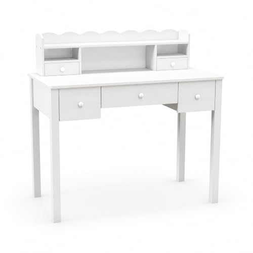 FUNKOCO White Writing Desk with Hutch & 5 Drawers - 40 Inch Modern Computer Workstation for Home Office, Teen Desk, Small Study Desk, Ideal for Gift - color: 3-large White