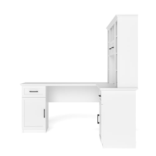 L-Shaped Home Executive Desk with 2 Cabinets and 2 Drawers, Computer Desk with Power Outlet, 11 Open Shelves and 1 Right Flip Shelf with Storage for Study, Living Room and Office (White-02) - color: White-02