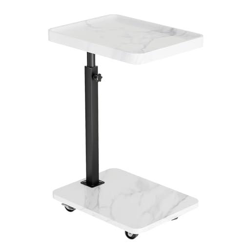 Adjustable Tv Trays for Eating on Couch That Slide Under,360° Swivel C Shaped End Sofa Side Snack Table with Wheels for Living Room and Bedroom, Bed,Chair, (White Marble+Black) - color: White Marble+black