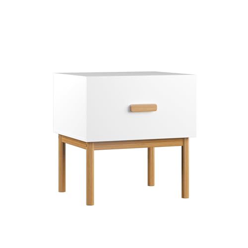 Modern Minimalist White Nightstand with Solid Pine Wood Legs & Spacious Drawer - Versatile Bedside Table for Bedroom, Living Room, or Small Apartment