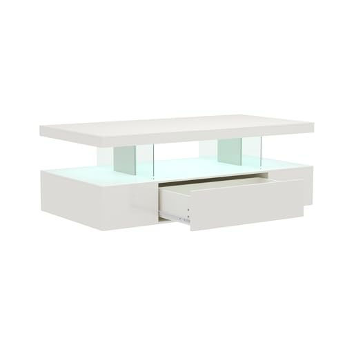 ChooChoo Modern LED Coffee Table, High Glossy Center Table with Drawer, Rectangle Coffee Table with Storage for Living Room, Bedroom, White