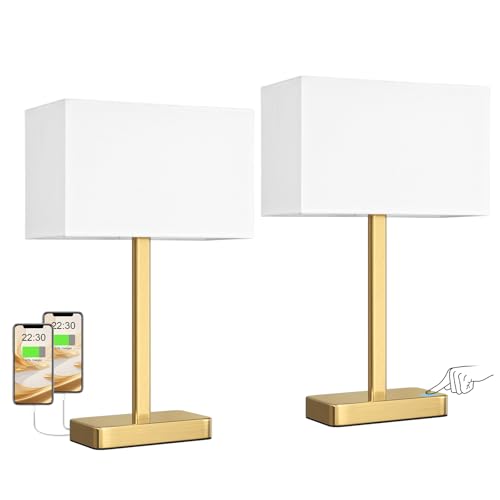 Hong-in Touch Lamps for Bedroom - 3-Way Dimmable Bedside Lamps Set of 2 with USB C+A, White Modern Table Lamp for Night Stands, Desk Lamp for Living Room Nightstand End Tables Bed Side