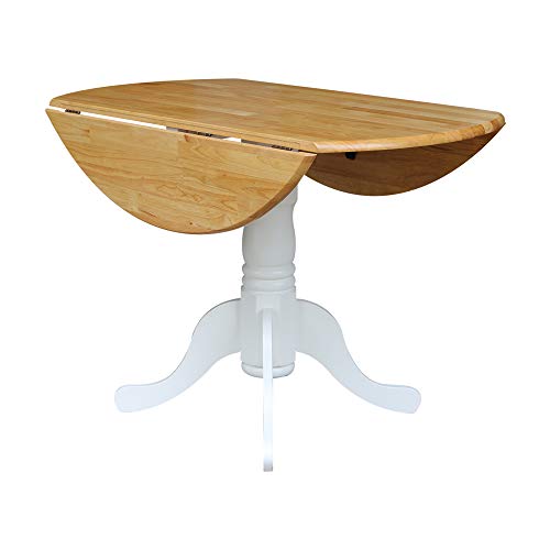 42" Round Dual Drop Leaf Pedestal Dining Table, Solid Wood, Easy Assembly, 20mm Top Thickness, Kitchen/Dining Room, Includes Two 9" Drop Leaves, Durable Parawood Construction, Unfinished - color: Natural/White