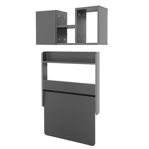 Wall Mounted Bookshelf with Moveable Cabinets, Multifunctional Folding Floating Desk, Fold Down Laptop Table with Storage Shelves for Bedroom Study Room Space Saving Small Space Garage (Grey) - color: Grey