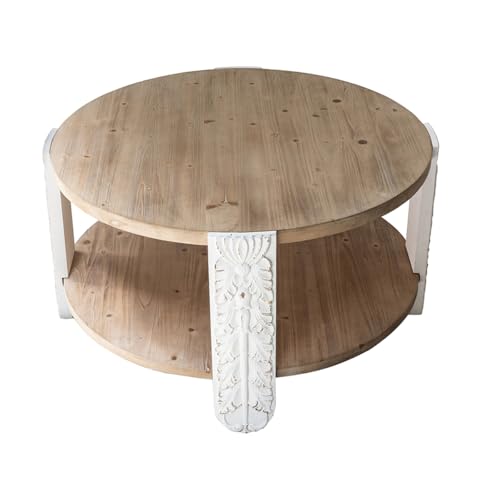 31.5'' Round Wood Coffee Table 2-Tier Circle Craft Rustic Coffee Table for Living Room, Modern Retro Farmhouse Style, Carved Leg & Easy Assembly, Brown & White - color: 31.5in-brown & White