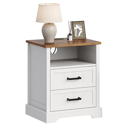 ChooChoo Farmhouse Night Stands with Charging Station, Wood Nightstand with 2 Drawers, Bedside Table with Open Storage Shelf for Bedroom, White