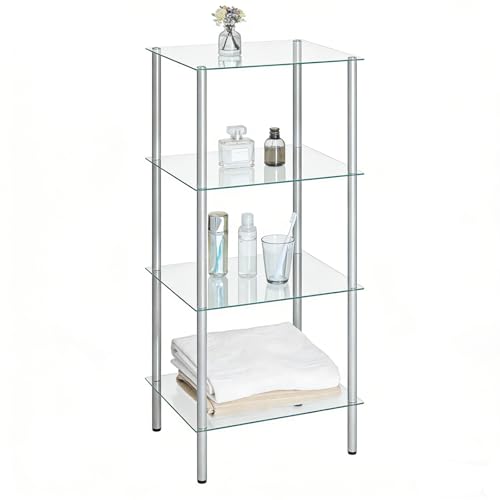 HOOBRO Glass Shelf, 4 Tier Bathroom Standing Shelf Unit, Tempered Glass Shelving Stand for Small Space, Perfume Stand Organizer, Space-Saving, for Bathroom, Bedroom, Steel Frame, Silver SV04CJ01 - size: 15" L x 11.8" W x 41.3" H