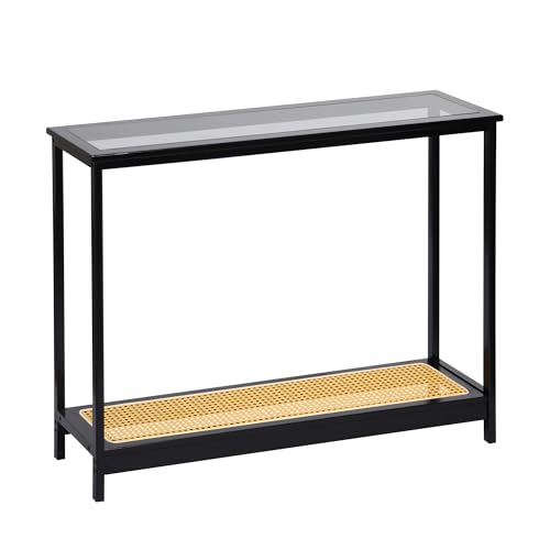 Bamboo Narrow Console Table, 39.4"(L) Wood Small Entryway Table with Rattan and Glass, Accent Slim Hallway Tables, Thin Sofa Side Tables for Hallway, Living Room, Bedroom, Foyer, Black - color: Black 39.4"(l)