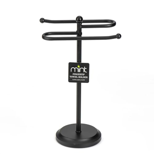 J&V TEXTILES Classical Steel Towel Rack Holder Stand with 2 Hanging Rings for Bathroom Vanity Countertops - Space Saving Hand Towel Holder (Matte Black) - color: Matte Black