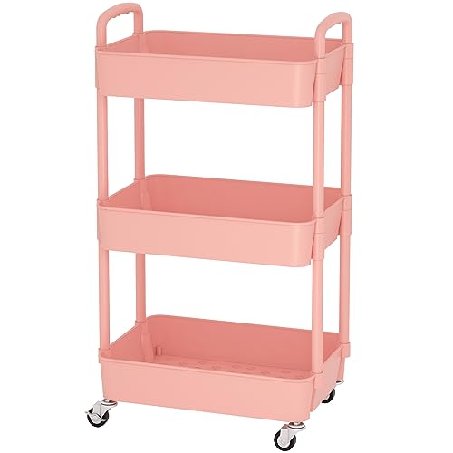Sywhitta 3-Tier Plastic Rolling Utility Cart with Handle, Multi-Functional Storage Trolley for Office, Living Room, Kitchen, Movable Storage Organizer with Wheels, Pink | Multi-Functional Storage Trolley, for Office, Living Room, Kitchen, Bathroom,Movable