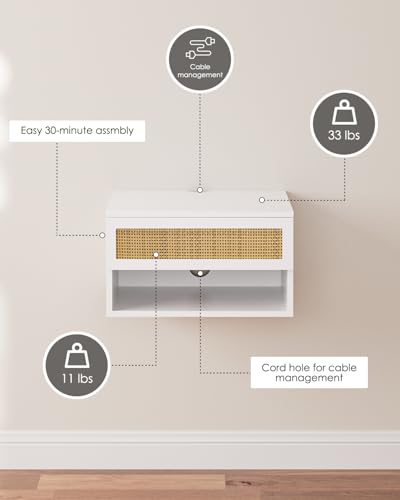 Small Modern Nightstand with Drawer, Floating Shelves for Bedroom, Bathroom (White Rattan) - color: White Rattan