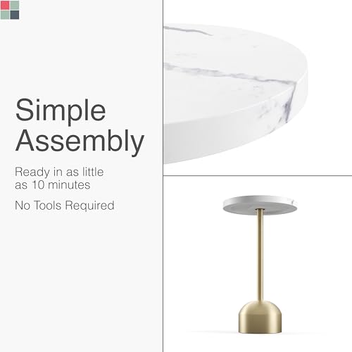 Round Metal Drink Table with Faux Marble Top, Brass Pole & Dome Base – Modern Small Pedestal Side Table for Living Room, Bedroom, or Office – Easy Assembly, Scratch-Resistant Base - color: Faux Marble Top With Brass Pole, style: Dome Base