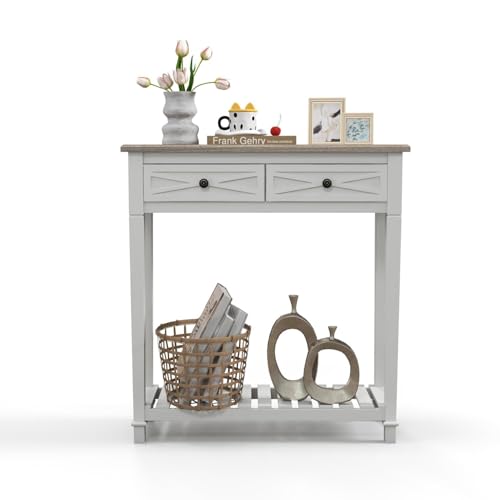 Narrow Entryway Table, 2-Tier Wooden Sofa Console Table with 2 Drawers and Storage Shelf, Couch Furniture Behind Sofa Hallway Entryway Living Room, White - color: White