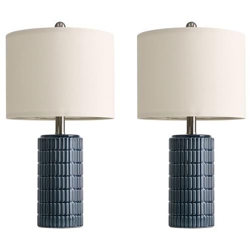 PoKat 20.75" Small Blue Table Lamps, Farmhouse Bedside Lamps for Bedroom Set of 2, Ceramic End Table Lamps for Night Stands Living Room, Modern Nightstand Desk Lamps, Dark Blue - color: 20.75'' Small - Dark Blue