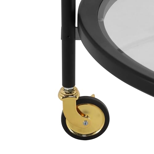 GDFStudio Modern Round Bar Cart with Dual Tempered Glass Shelves, Lockable Wheels and Gold Metal Accents, Rolling Beverage Serving Cart for Living Room, Kitchen or Dining Space,Black and Gold Finish - color: Black,gold