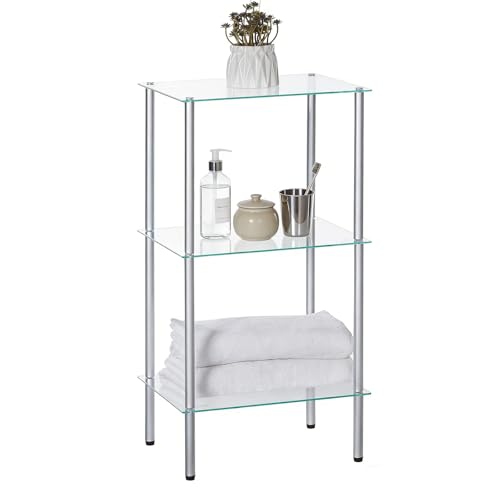 HOOBRO Glass Shelf, 3 Tier Bathroom Standing Shelf Unit, Tempered Glass Shelving Stand for Small Space, Perfume Stand Organizer, Space-Saving, for Bathroom, Bedroom, Steel Frame, Silver SV03CJ01 - size: 15"L x 11.8"W x 29.5"H