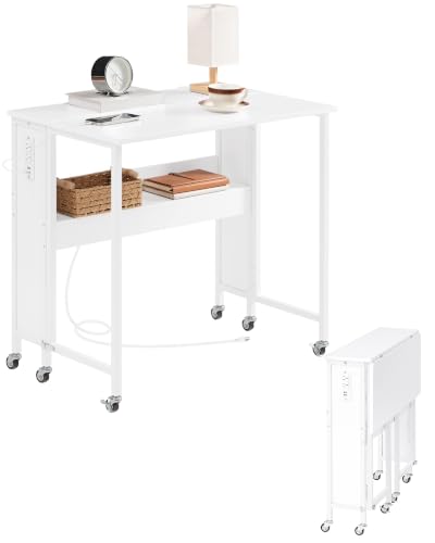 CHOEZON Folding Desk with Power Outlets, 31.5" Rolling Computer Table with Wheels, Portable Office Desk with Storage Shelf for Small Spaces White TDN01UWB - color: White