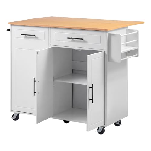 VEVOR Kitchen Island Cart with Storage, 46.06 in Wide Mobile Rolling Storage Island on Swivel Wheels, with Drawer, Storage Cabinet, Drop Leaf, Spice/Towel Rack, Table for Home Dining Room, White - size: 46.06"W (dropleaf)