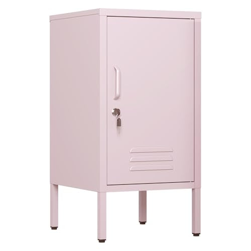Garvee Metal Locker Nightstand with Shelf,Single Door Lockable Metal End Table,Modern Bedside Table, Versatile Side Cabinet for Bedroom, Living Room, or Office (27.55”h x 13.78”w x 14.96”d) - color: Pink