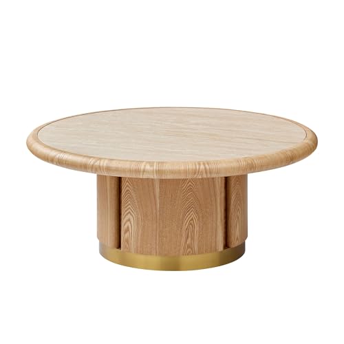 35.43'' Round Coffee Table with Sintered Stone Tabletop for Living Room, Modern Circle Wood Pedestal Coffee Table with Brushed Stainless Steel, Easy Assembly, Natural - color: Ć35.43'' -Natural