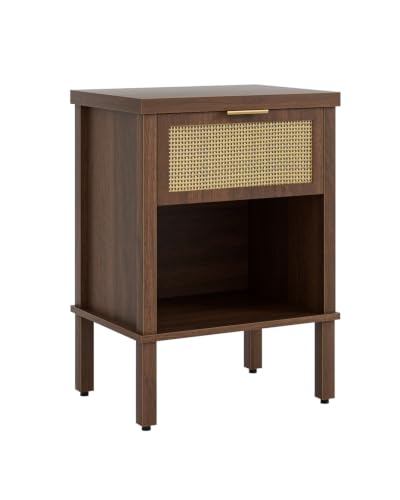 Rattan Nightstand with Drawer and Open Shelf, Boho Side Table with Gold Handle, Small Night Stand, Modern Bedside Table for Bedroom, Walnut - color: Walnut