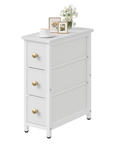 CHOEZON Narrow Side Table with 3 Fabric Drawers, Industrial Slim Bedside Table for Small Spaces, Bedroom, Living Room, Dormitory, White TBZ09WB - color: White