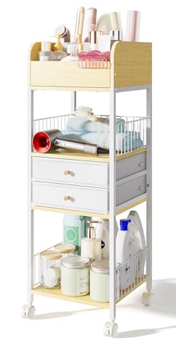 TidyStash Rolling Cart with Drawers 4-Tier Storage Cart with Large Drawers, Heavy-Duty Steel Frame and Wood Shelves Organizer for Makeup, Skincare Bathroom Kitchen Dorm Vanity Home Supplies - style: Tall - Double Drawer