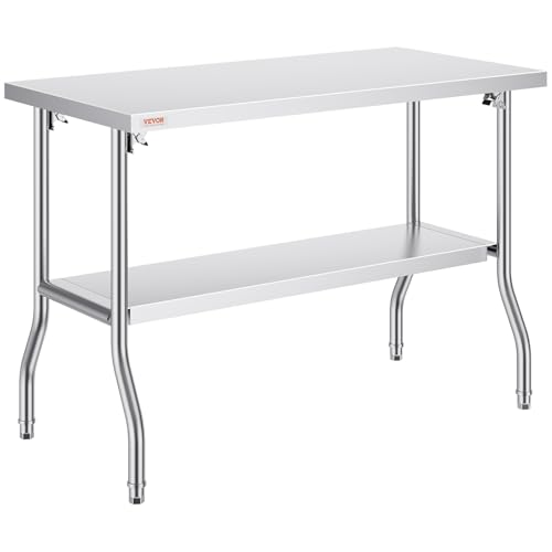 VEVOR Stainless Steel Foldable Work Table, 48 * 24 Inch Heavy Duty Food Outdoor Double Layer Stainless Steel Worktable for Commercial Kitchen Restaurant - size: Double layer 48 * 24, style: Foldable