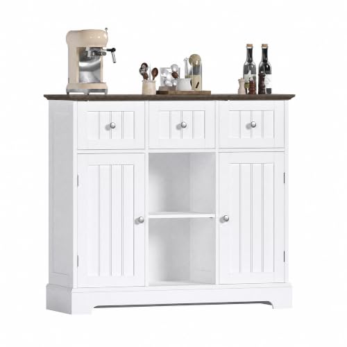 ChooChoo 35.4" Coffee Bar Cabinet with 3 Drawers and 2 Doors, White & Brown | Buffet Cabinet with Adjustable Shelves, Storage Cabinet for Compact Kitchens, Dining rooms and Living rooms - color: White & Brown