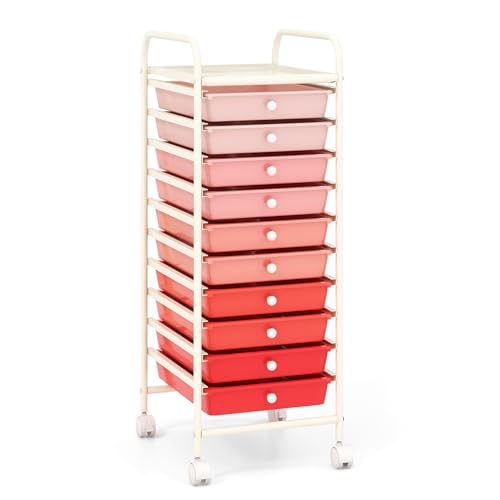 DREAMADE Rolling Cart with Storage Drawers, Utility Cart with Removable Plastic Drawers, Lockable Wheels, Art Cart for Classroom Organization Art Supplies Office Scrapbook (10 Drawers, Mixed-pink) - color: Mixed-pink, style: 10 Drawers