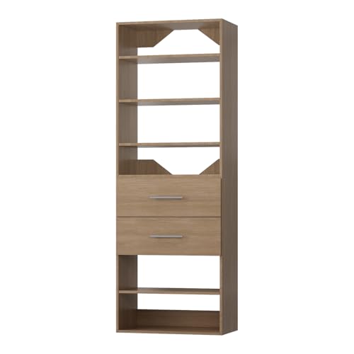 ROOMTEC Modular Closet System, 25.5" 2 Drawer Shelf Closet Tower Wall-Mounted Closet Organizer, Wooden Tower for Walk-In Closets, Wardrobe Storage Kit, Wood - size: 25.5" Wide, style: Model 11