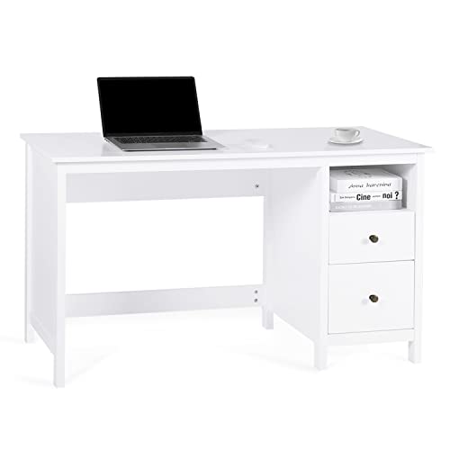 Vikiullf White Desk with Drawers, 47” Modern Home Office Study Computer Writing Desk with Storage Cabinet & Open Shelf, Simple Vanity Table for Bedroom