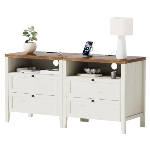 Modern Nightstands Set of 2, Farmhouse End Side Table with Drawer Freestanding Wide Bedside Table for Living Room Bedroom Sofa, Rustic White and Honey Brown - color: 2 Drawers/Rustic White + Honey Brown, size: 2PCS