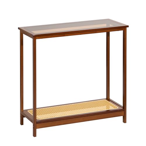 Bamboo Narrow Console Table, 31.5"(L) Wood Small Entryway Table with Rattan and Glass, Accent Slim Hallway Tables, Thin Sofa Side Tables for Hallway, Living Room, Bedroom, Foyer, Walnut - color: Walnut 31.5"(l)