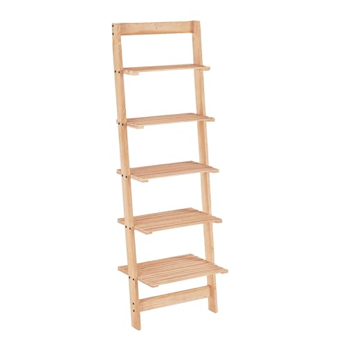 5-Tier Ladder Shelf - 50-Inch Narrow Leaning Bookshelf - Wooden Bookcase for Living Room, Bathroom, Kitchen, Office, or Bedroom Furniture by Lavish Home (Oak) - color: Pickled Oak