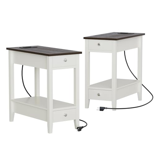 Treocho End Tables Living Room Set of 2 with Charging Station and 2 Drawers | Narrow Side Table with Ample Storage, Sofa Bedside Table for Small Spaces, Living Room, Bedroom, White & Brown - color: Brown/White