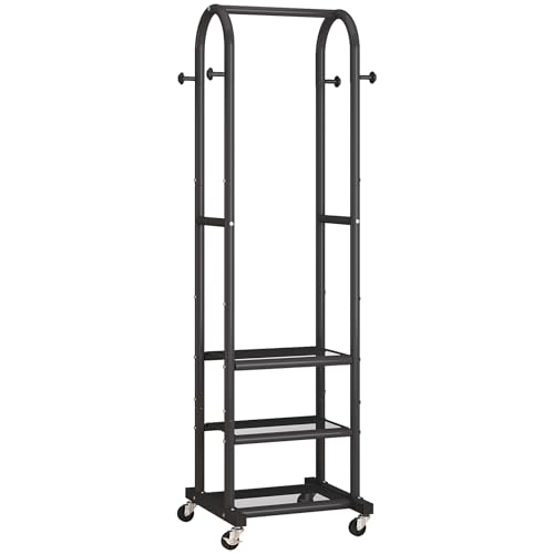 Dttwacoyh Clothing Rack with Wheels,Narrow Metal Garment Rack,Black | Easy to install, 71.8 Inches Display Rack with 4 Side Hooks & 3 Shelves,for Small Flats, Bedroom, Entryway,Black Clothes Rack - color: Black