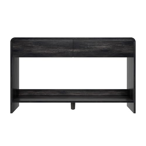 AMERLIFE 55" Modern Entryway Console Table with 2 Storage Drawers | Open Bottom Shelf, Wood Grain Finish, Rounded Edges, Long Sofa Table, Behind Couch, Hallway, Foyer, Living Room, Black - color: Black - Flat Panel, size: 55"