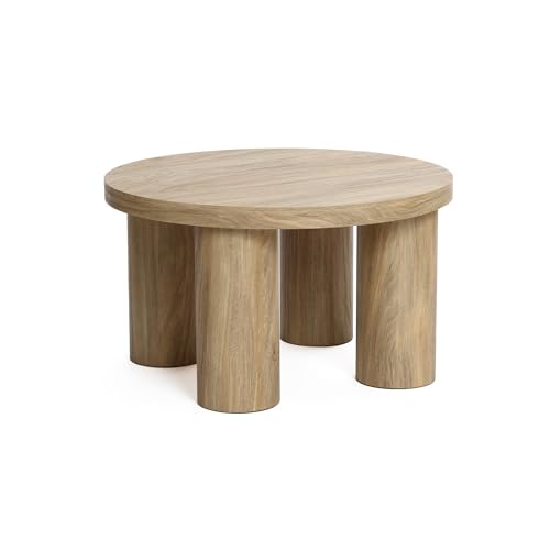 LuxenHome Round Coffee Table with 4 Pillar Legs, 27.5'' Wide Accent Center Table, Modern Farmhouse Oak Finish Wooden Low Cocktail Tea End Table with Sturdy Base for Living Room Home Office - color: Dark Oak-l
