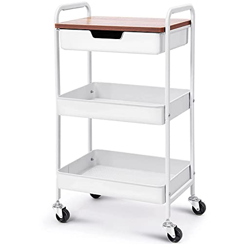 TOOLF 3 Tier Metal Utility Rolling Cart - White Storage Cart with Drawer and Wooden Table Top, Trolley Kitchen Organizer Rolling Desk with Locking Wheels for Office, Classroom, Home, Bedroom - color: White