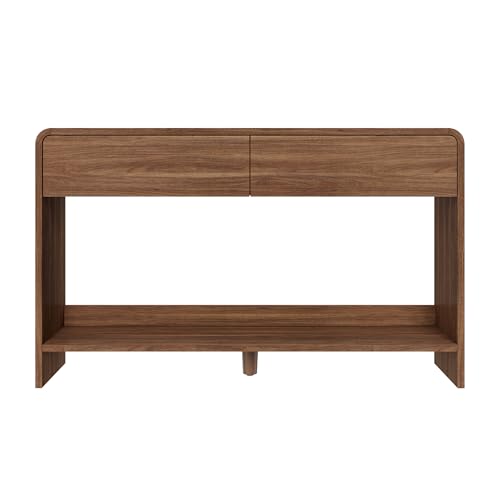 AMERLIFE 55" Modern Entryway Console Table with 2 Storage Drawers | Open Bottom Shelf, Wood Grain Finish, Rounded Edges, Long Sofa Table, Behind Couch, Hallway, Foyer, Living Room, Brown - color: Brown - Flat Panel, size: 55"