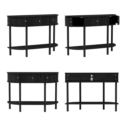 XUZENEST 43.3“ Fluted Half Moon Console Table, Modern Entryway Console Sofa Table with Storage, Narrow Wood Accent Tables Behind Couch Tables for Living Room, Hallway, Foyer(Black) - color: 43.3 Haflf Moon Black