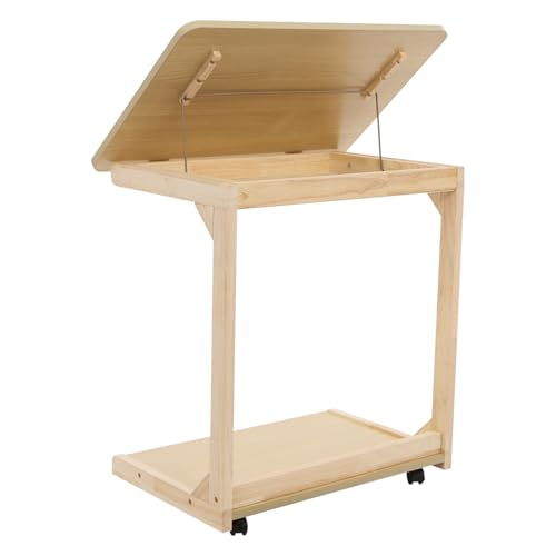 Modern C-Shaped End Table, 2 Tier Sofa Side Table with Wheels and Adjustable Desktop Small TV Tray Tables for Living Room Bedroom Apartment (Wood, 60cm) - color: Wood, size: 60cm