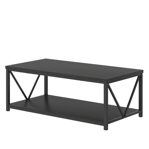 EXCEFUR Black Coffee Table, Modern Wood and Metal Living Room Table with Storage Shelf, 47 Inch - color: Black, size: 47 inch