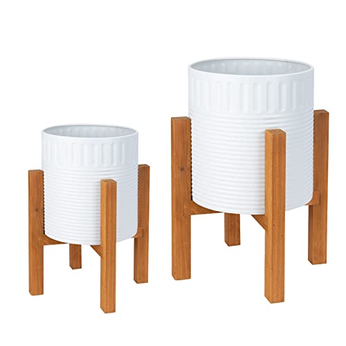 2-Piece White Metal Planter Set with Wood Stand, Indoor Mid Century Modern Planters with Drainage, 8" & 10"