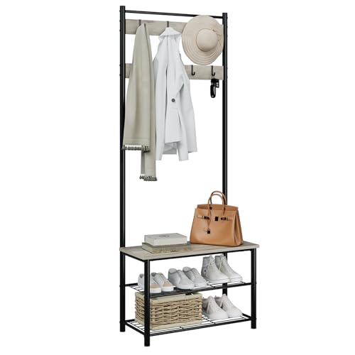Hall Tree with Bench and Shoe Storage, 3-in-1 Coat Rack, Freestanding Wooden Coat Rack with Shoe Bench with Metal Frame, 3-Tier Storage Shelf and 9 Removable Hooks, Greige - color: Greige