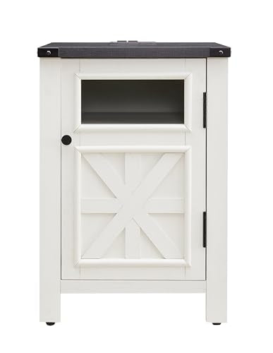 JXQTLINGMU Farmhouse End Table with Charging Station, 18'' Rustic Nightstand with Barn Door & Adjustable Shelf, Wooden Sofa Side Table with 3-Tier Storage for Living Room, Bedroom, White - color: White
