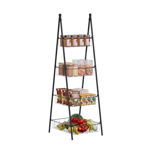 Wire Basket Stand for Kitchen and Bathroom 4 Tier Fruit Storage Basket Metal Floor Standing Vegetable Holder, Black