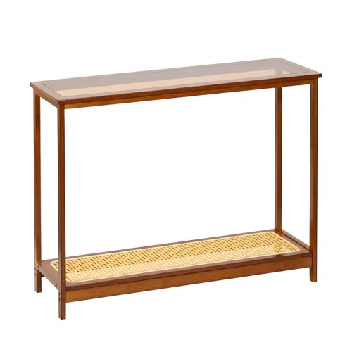 Bamboo Narrow Console Table, 39.4"(L) Wood Small Entryway Table with Rattan and Glass, Accent Slim Hallway Tables, Thin Sofa Side Tables for Hallway, Living Room, Bedroom, Foyer, Walnut - color: Walnut 39.4"(l)
